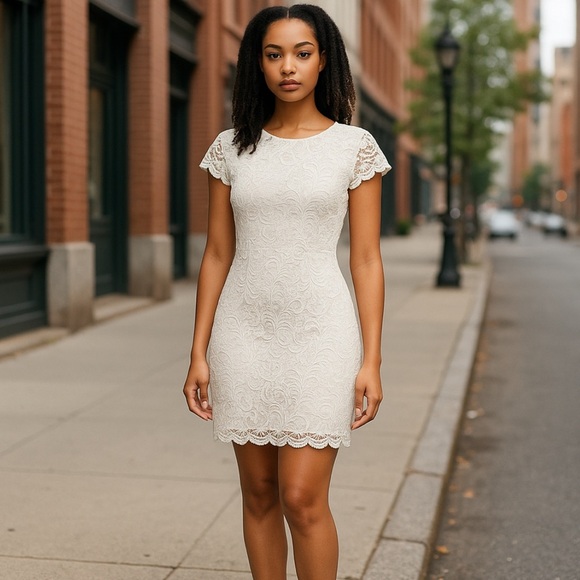 Ambiance Juniors Lace Dress Sz L Cream Scalloped Cocktail Wedding Stretch Lined - Picture 1 of 5